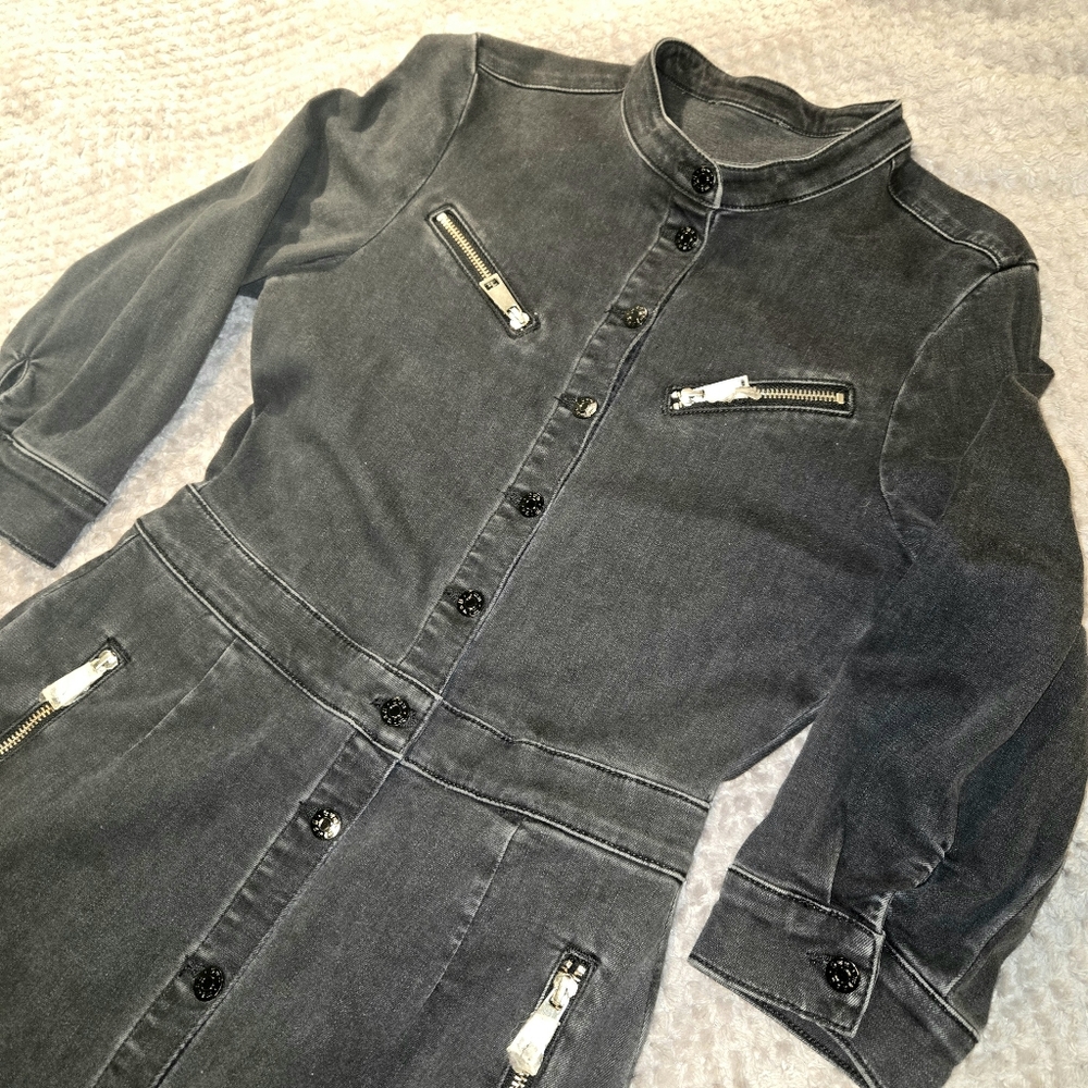 Dark Black Denim Wash 3/4 Sleeve Stretch Pencil Dress by One.
